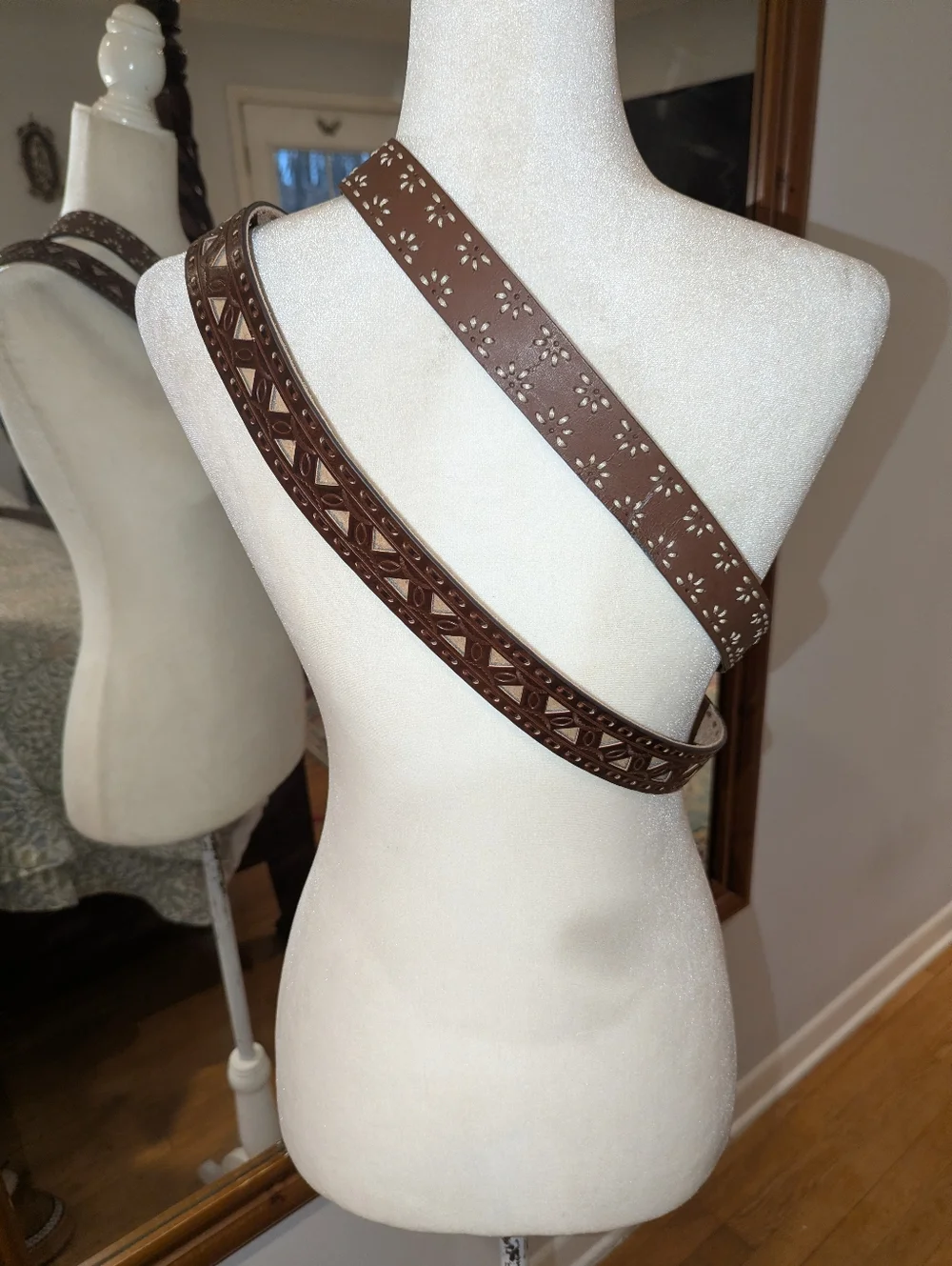 2 Brown Leather/Faux Leather Cutout Embroidered Belt with Decorative Buckle